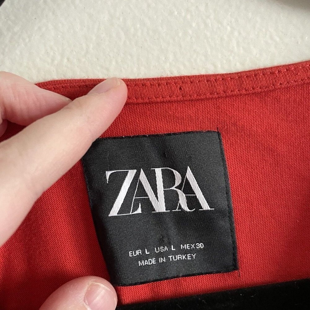Zara Women L Red Cotton Short Sleeve Raw Hem Pullover V-Neck Shift Dress - Picture 8 of 10